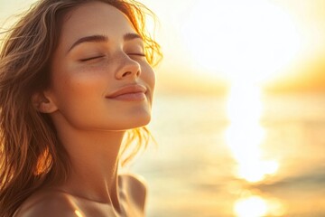 Wall Mural - A woman relaxing on the beach with her eyes closed, possibly enjoying the sun and sea