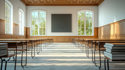 Poster - clean and minimal classroom with wooden desks, large windows, and chalkboard. sunlight creates warm atmosphere