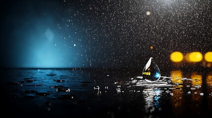 Wall Mural - Close-up of a water droplet on a reflective surface during a rainy night with blurred city lights