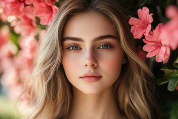 Wall Mural - A woman stands in front of pink flowers, smiling at the camera