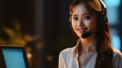 Poster - Smiling woman in headset at call center, providing customer support