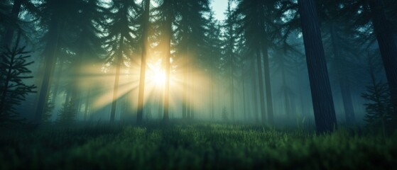 Wall Mural - sun rays through forest trees