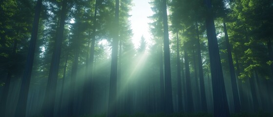 Wall Mural - sunbeams filtering through the trees in a forest