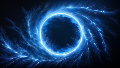 Wall Mural - abstract blue lightning circle on dark backdrop. mysterious shape.