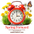 © Tsareva.pro - Spring Forward at March 9, 2025 information banner. Clock move one hour forward, daylight saving time begins. Red alarm clock surrounded by spring dandelion flowers with time changing one hour forward