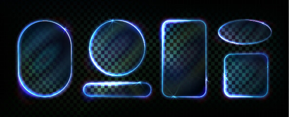 Wall Mural - blue neon light frames set isolated on transparent background. vector realistic illustration of roun