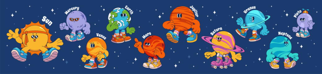 Wall Mural - Groovy universe cartoon planets collection with cute characters on starry sky background. Funny vintage cosmic mascot illustration for children educational materials or outer space retro designs.