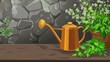 © Younes - Rustic Watering Can with Vibrant Herbs and Flowers on Stone Wall Background
