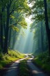 © กมลวรรณ เรือนศรี - Misty spring morning, winding country road cuts through dense forest , journey, sunlight