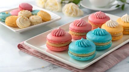 Delightful Macarons: An assortment of colorful macarons with various creamy toppings, beautifully arranged on plates and a napkin.