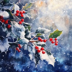 Wall Mural - Snowy Holly Branch in Winter