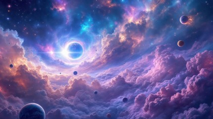 a stunning, ultra-realistic view of deep space featuring a detailed nebula with rich blue and purple