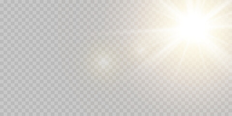 Wall Mural - glow light star, yellow sun rays, gold glare bokeh. flash yellow sun, star flashed with sparkles.