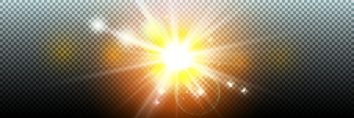 Wall Mural - glow light star, yellow sun rays, gold glare bokeh. flash yellow sun, star flashed with sparkles.