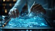 © NCSF - Futuristic Data Interaction on Tablet, A person using a stylus on a tablet, interacting with a digital interface displaying data visualizations and graphs