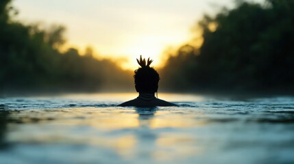 Wall Mural - person in water at sunset