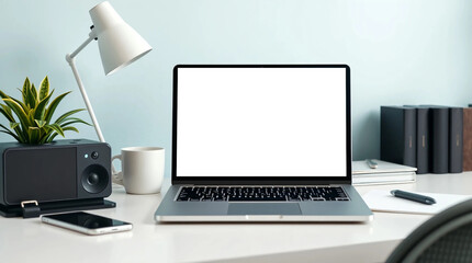 Mockup of a laptop with a blank white screen, placed on a home office desk, suitable for displaying websites or designs.