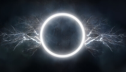 Wall Mural - abstract white lightning circle on dark backdrop. mysterious shape.