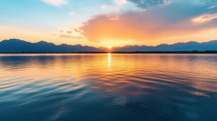 Wall Mural - sunset over lake and mountains