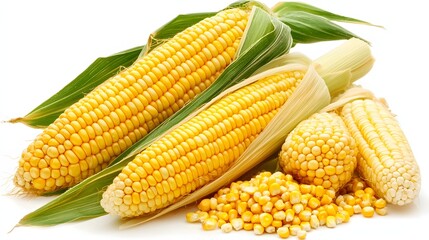 Wall Mural - Fresh Yellow Corn Cobs on Cob with Kernels and Green Leaves Isolated on White Background