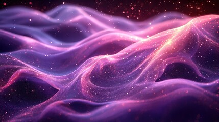 abstract pink and purple waves with sparkling particles on dark background for digital art