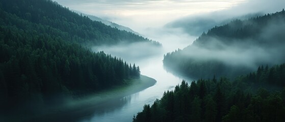 Wall Mural - misty river winding through lush green forest