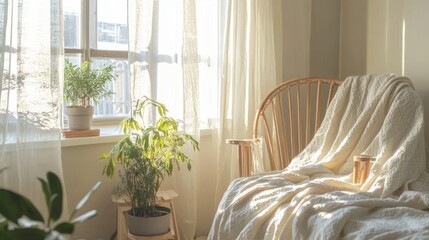 Sticker - A soft beige linen throw on a wooden chair near a sunlit window.