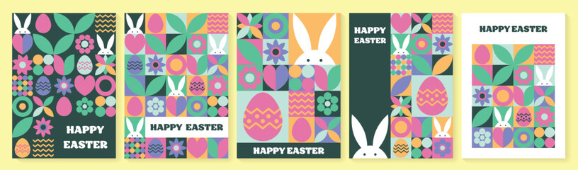 Wall Mural - set of geometric easter greeting card. abstract background with bunny, egg and flower. vector illust