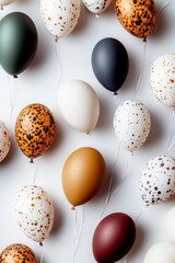 Canvas Print - Colorful speckled and solid balloons arranged on a white background. Festive and celebratory mood.