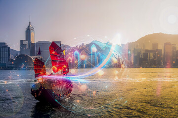 Fototapete - Hong Kong harbor reflects business concept of growing up. A traditional boat sails towards a modern cityscape, symbolizing evolution and opportunity.