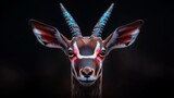 Mystical antelope with glowing eyes, dark background. Intriguing creature.