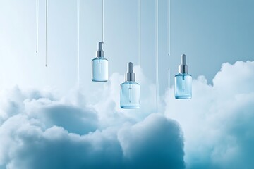 Wall Mural - Elegant Skincare Serum Bottles Suspended in a Cloud