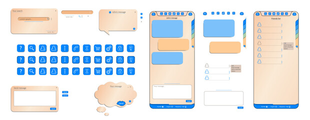 Wall Mural - Blue, brown 3d ui user interface chat communication phone app webpage template vector design. Creative web application with communication icons illustration. Chat phone screen mockup illustration.