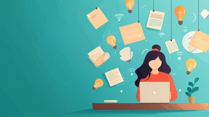 Wall Mural - a creative woman working on her laptop surrounded by suspended light bulbs and notes.
