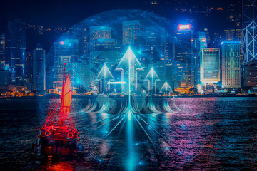 Aufkleber - Hong Kong night cityscape. Business growth concept visualized with upward arrows. Growing up in a city of opportunity.