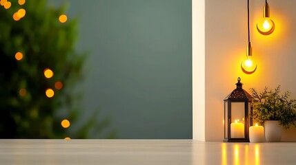 Canvas Print - Cozy indoor scene featuring warm lighting, a decorative lantern, and a softly lit background with greenery