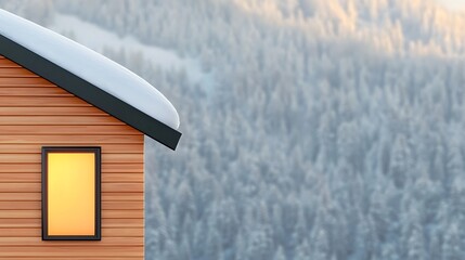 Wall Mural - Cozy wooden cabin with glowing window surrounded by serene snowy forest landscape at dusk