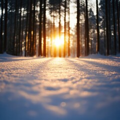 Wall Mural - Winter Sun Shining Through Forest Trees
