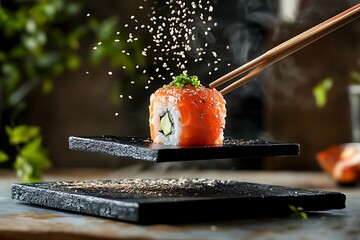 Wall Mural - Floating Salmon Sushi Roll - Exquisite Japanese Cuisine