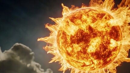 Wall Mural - bright, fiery sun against a cloudy sky backdrop.