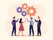 © 호진 임 - BusinessTeamwork concept. Contemporary flat style abstract vector illustration of a company of diverse people establishing a work process in the form of gears. Isolated on background. Generative ai