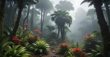 Wall Mural - exotic plants and trees in the arenal volcano's misty cloud forest, cloud forest flora, forest canop