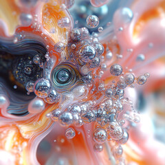 Fototapete - Abstract digital illustration of mixing streams of colorful liquids filled with many shimmering bubbles. The color palette includes light pinks, oranges and silvers, creating a futuristic aesthetic