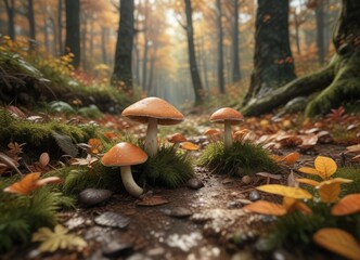 Wall Mural - Forest floor with autumn mushrooms and leaves, forest landscape, natural scenery, outdoor photography