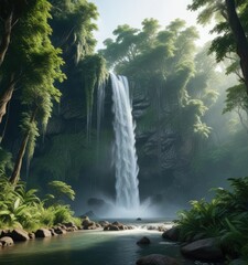 Wall Mural - forest with a large waterfall and lush vegetation, undergrowth, leaves