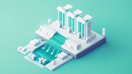 Fototapete - A modern, minimalist architectural design featuring structures with flowing water, set against a calming turquoise background