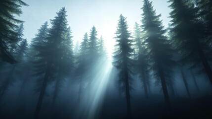 Wall Mural - sunlight through tall trees in a forest