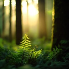 Wall Mural - Ferns in a Forest with Sunlight