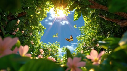 Wall Mural - Enchanting spring forest filled with butterflies and blossoming flowers under soft morning light