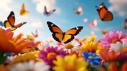 Wall Mural - Butterflies fluttering around a vibrant bed of fresh flowers in sunny weather